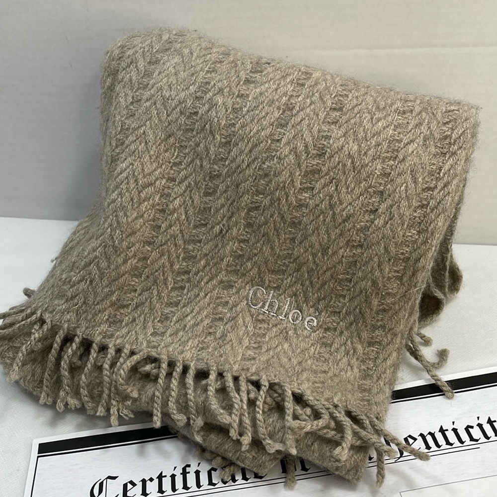 Authentic CHLOE tan knit fringe scarf with COA 18x60”